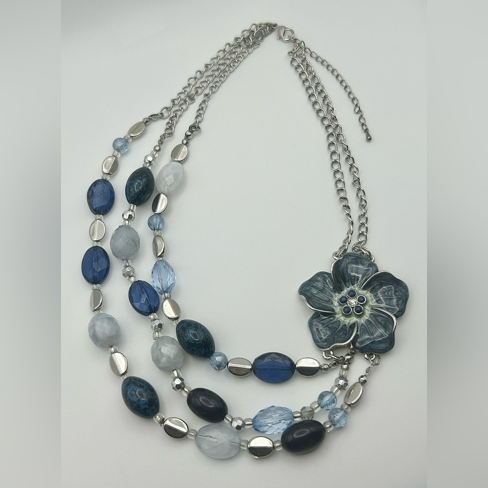 New York & Company Multistrand Beaded Blue Enamel Flower Necklace - Picture 2 of 12